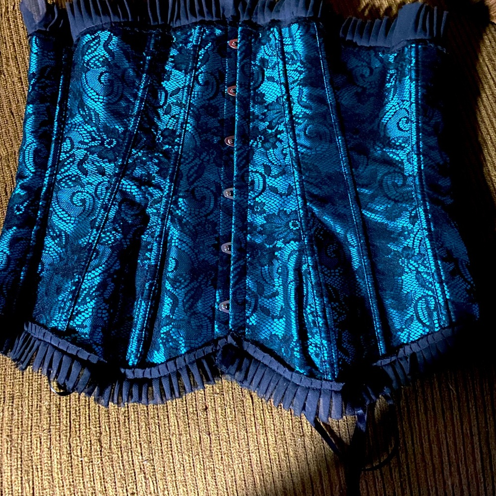 NWOT.  Rouge and Roses made corset and it has never been worn. Colors: teal/blk